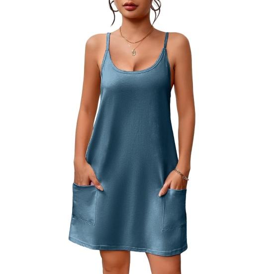 

Женская ночная рубашка без рукавов, пижамное платье, спагетти-бретельки, платье-борцовка с карманами, летняя свободная одежда для сна S
