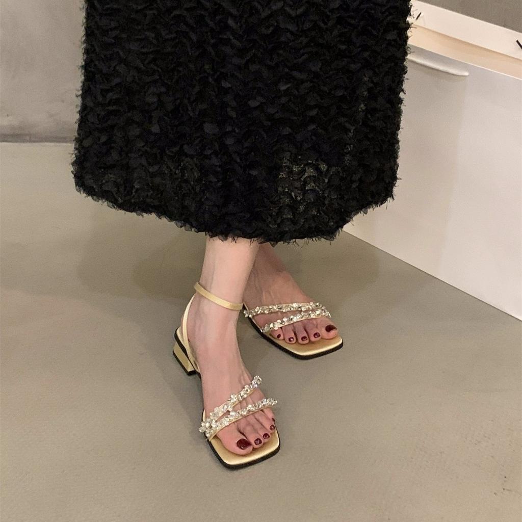 Coarse Heel Rhinestone Strap Sandals Fairy Shoes 2025 New Summer French Black Temperament with Skirt Roman Shoes