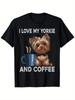 100% Coton, T-shirt à Manches Courtes Noir avec Graphique I Love My Yorkie and Coffee