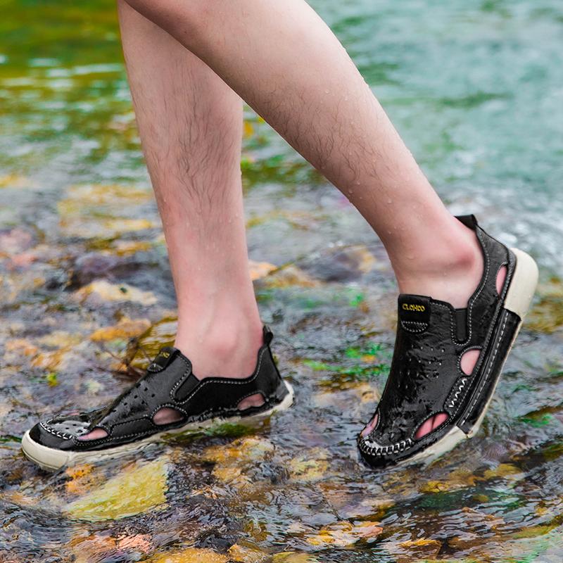 Sandale Casual din Piele pentru Bărbați, Durabile, Cusături Manuale, Pantofi cu Vârf Închis, Antiderapanți, Pentru Interior, Exterior, Plajă