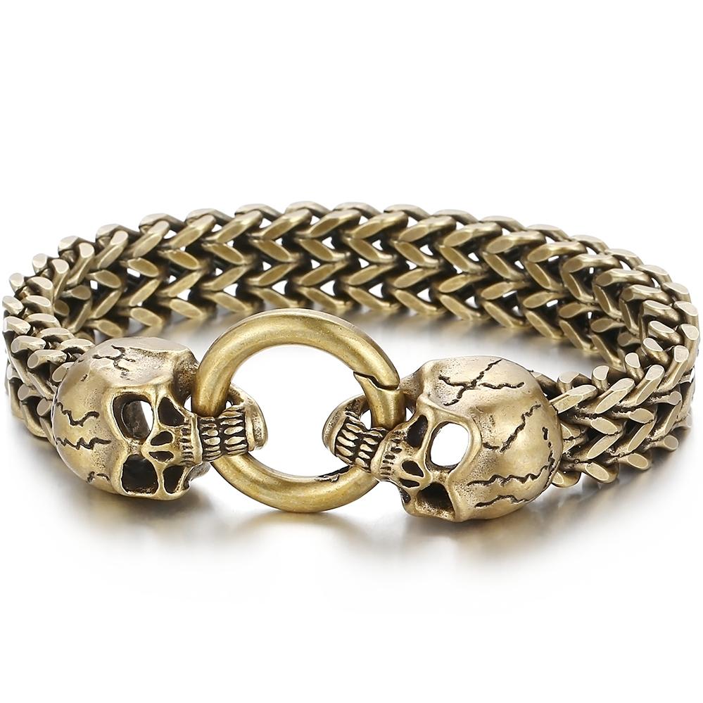 

Vintage Men s Punk Skull Bracelet for Man Waterproof Ancient Gold Color Stainless Steel Gothic Chain Biker Skeleton Jewelry 22CM золотий