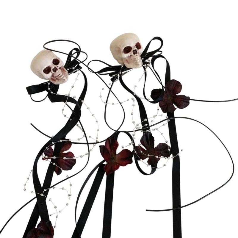 

2Pcs Dark Gothic Style Plastic Hairpin Hair Barrettes With Skull Bowknot Decoration For Adults Kids Costume Accessories 1 чёрный