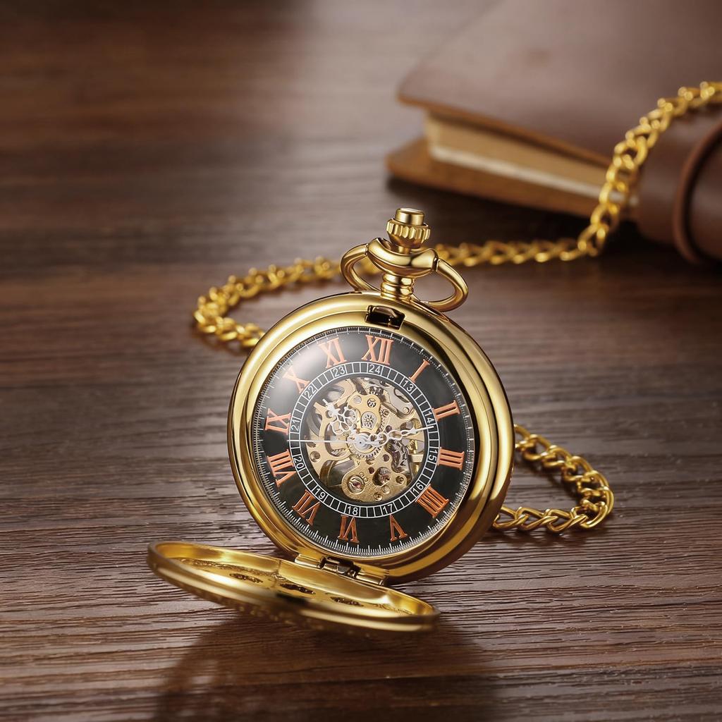 Antique Mechanical Automatic Pocket Watch, Silver: Skeleton Roman Numerals, Analog, Retro Pendant Watch with Gold Chain - Perfect Gift for Birthdays,