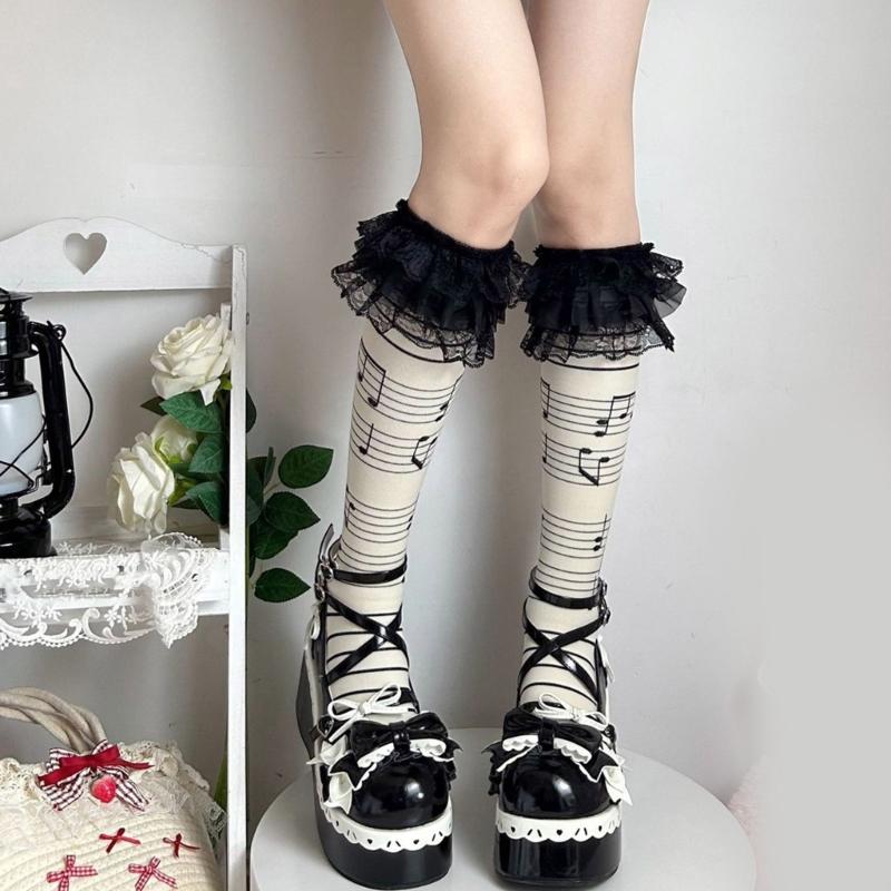 Women Knee Highs Socks Printed Compressions Stockings Lolitas Sweet Lace Ruffle Calf Socks Long Tube Socks Hosiery