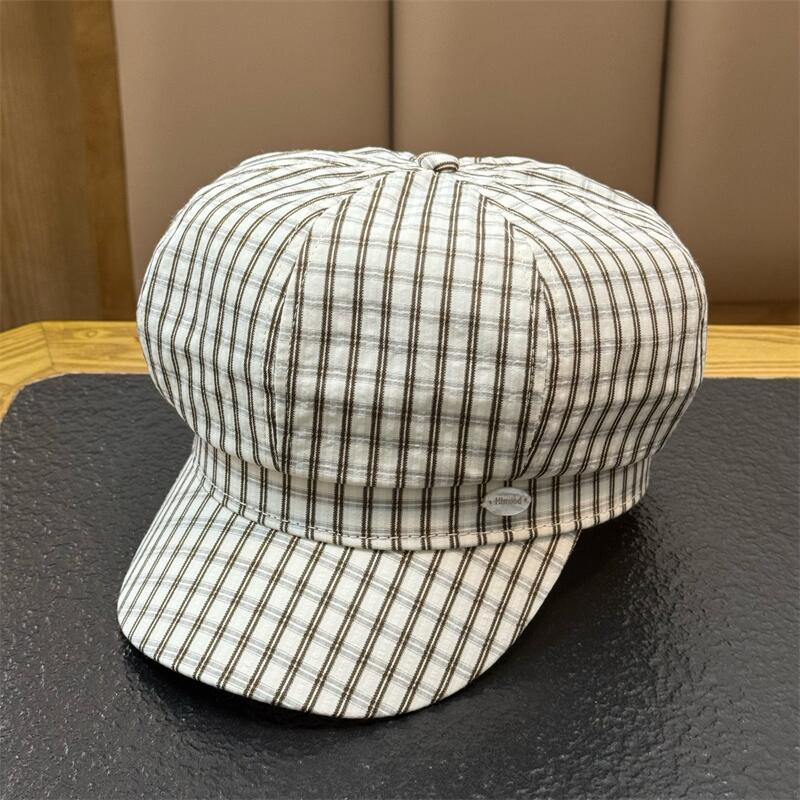 Spring Summer Vintage Stripe Octagonal Beret Hat Women Newsboy Cap Wide Brim Casual All-match Thin Sweet Hat
