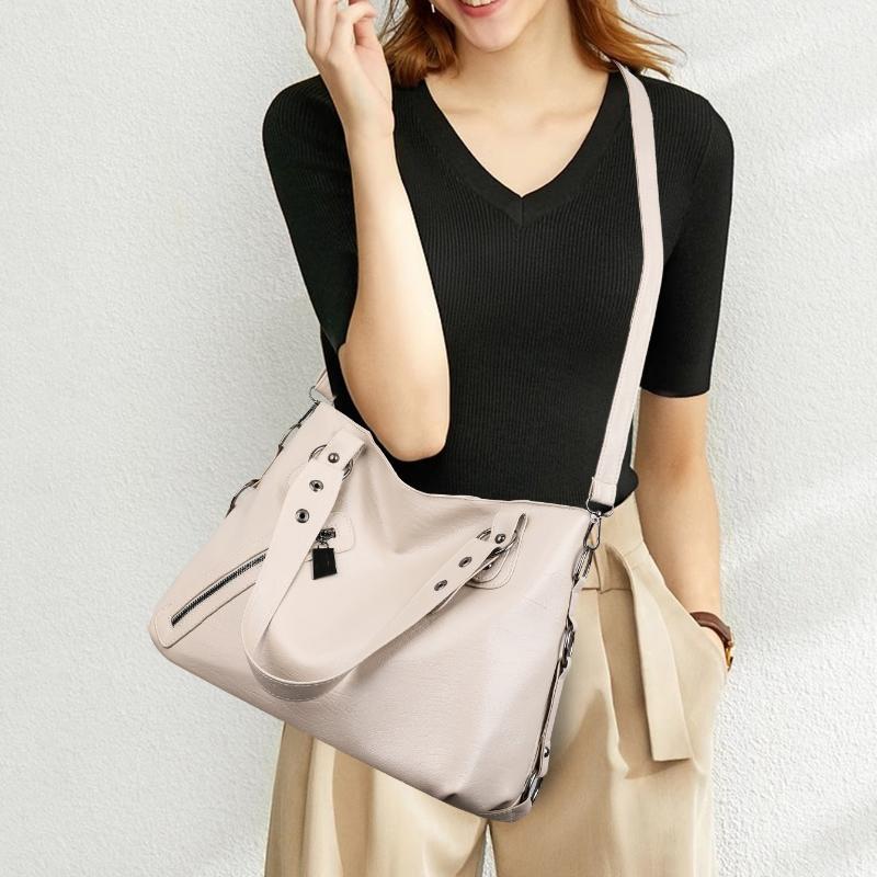 Stylish Leather Tote Bag Trendy Rivet Decor Shoulder Bag for Women