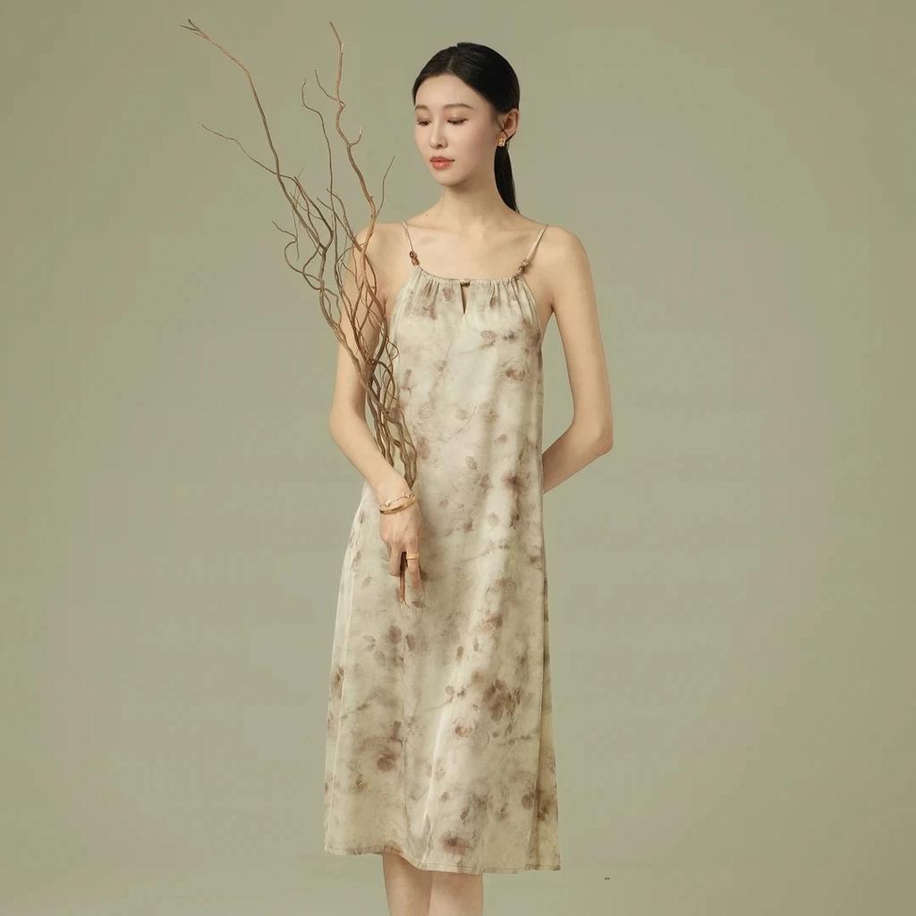 Da Vinci Password New Suspender Skirt Retro Floral Summer Girl with Chest Pad Nightdress Women's Loungewear Ice Silk