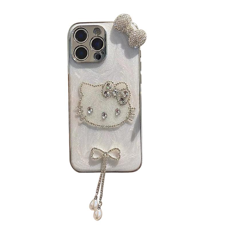Glitter Kt Cat For Apple 16Promax Mobile Phone Case Iphone17Pro Bow Tassel 14 Rhinestone 15