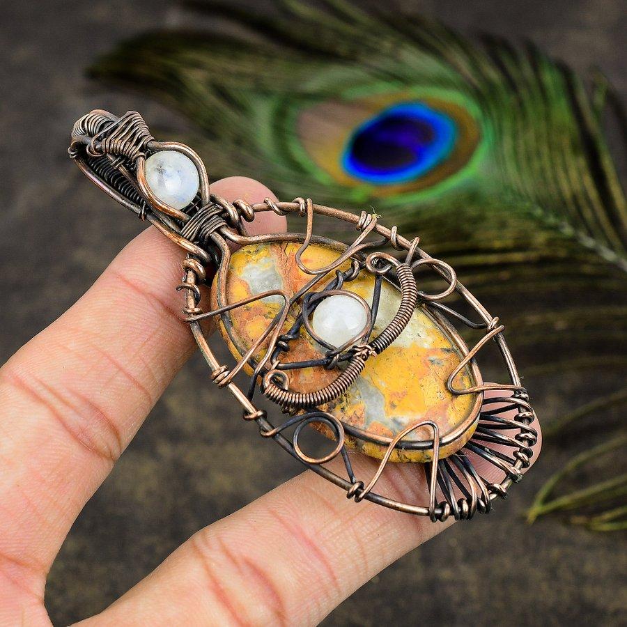 Bumblebee Jasper, Moonstone Gemstone Copper Wire Wrap Jewelry Pendant 3.35"