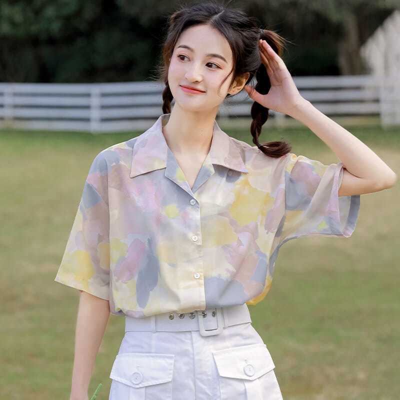 

Women s Gradient Color Shirt Turndown Collar Single Breasted Button Multi-color Ladies Short Sleeved Blouses Casual Trendy Famale Loose Top XL