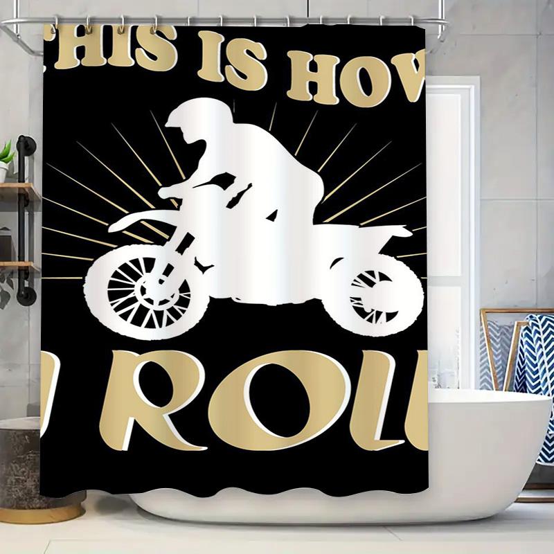 

Stylish Black Motorcycle Shower Curtain With Gold Text For Bathroom Decor Trendy Waterproof Fabric Bath Mat Cover Perfect Gift I W60H190(CM)-1 Pcs