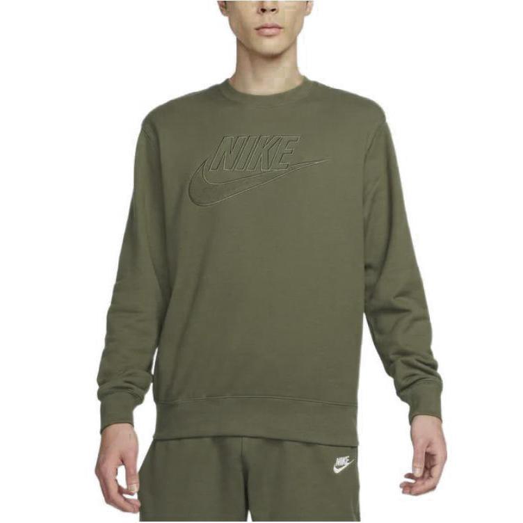Nike Solid Color Logo Print Crew Neck Sweatshirt Men Tops Olive-Green DQ4584-222