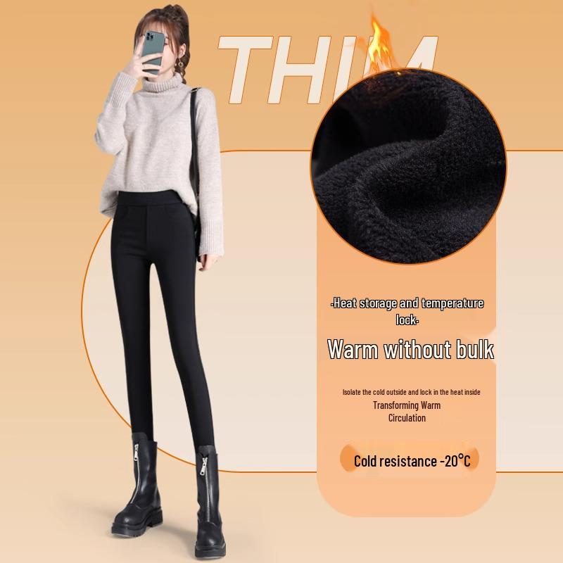 2024 Women's High-Waisted Black Fleece-Lined Leggings - Thick, Warm, and Perfect for Outdoor Autumn and Winter Wear