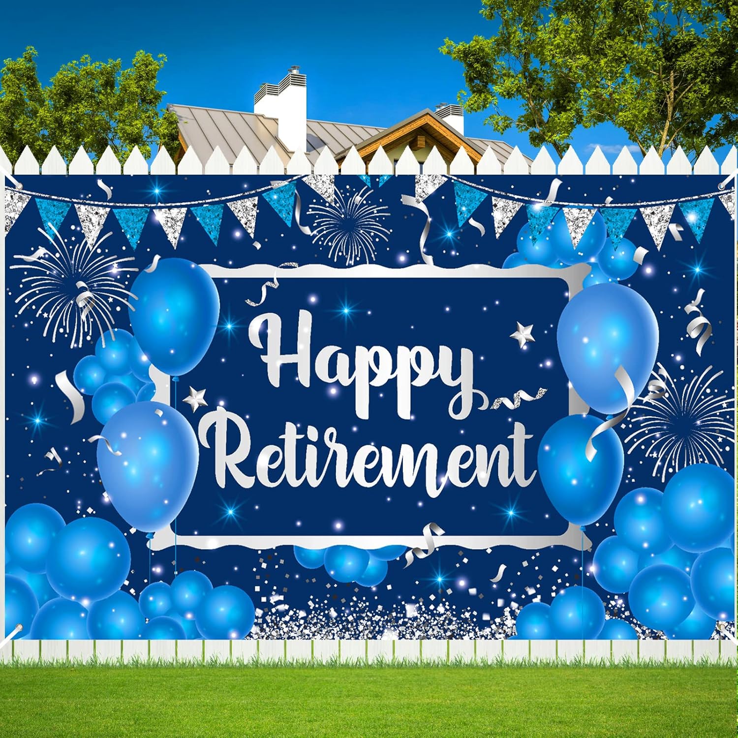 Navy Blue Silver Retirement Banner - Happy Retirement Sign Backdrop for Men & Women - Office Farewell Party Decor