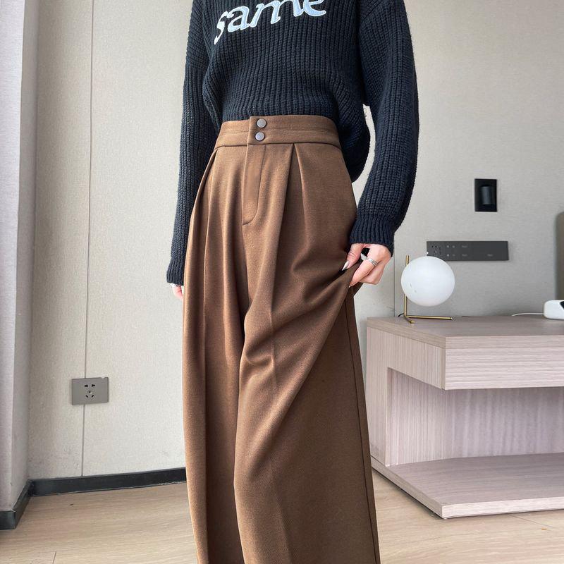 2026 Women's High Waist Velvet Wool Wide-Leg Pants - Floor Length, Slim Fit, Casual Spring Style