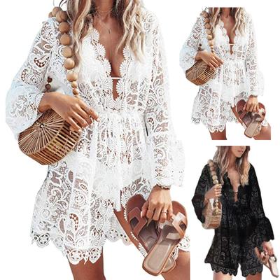 Damen Sommer Sexy V-Ausschnitt Sonnenschutz Bikini Cover Up Lässiges Spitzen-Strandkleid