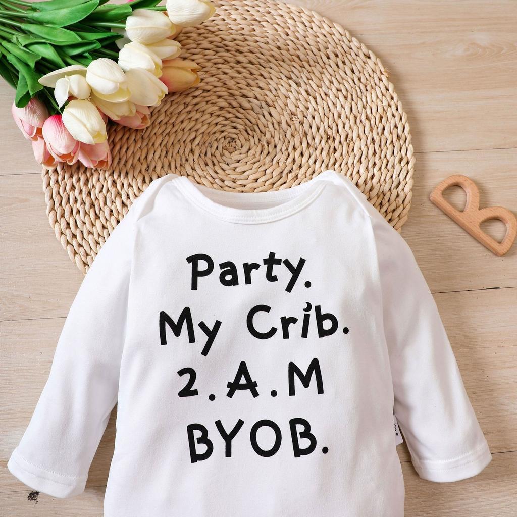 Langarm-Body mit Rundhalsausschnitt für Neugeborene, „Party“.. Niedlicher Einteiler mit „My Crib 2.AM BYOB“-Aufdruck für Mädchen und Jungen