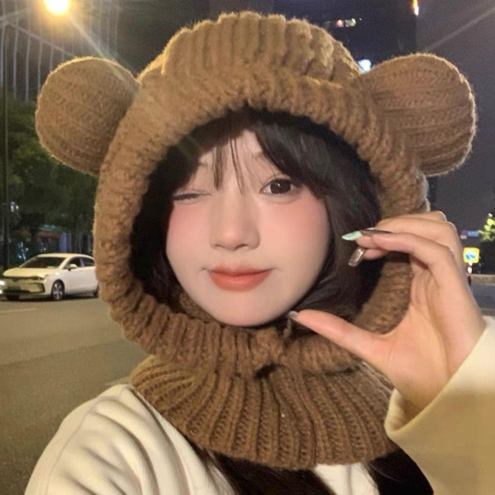 Knitted Integrated Cap Scarf Little Bear Ear Beanie Hat Scarf Skiing Bicycle Cycling