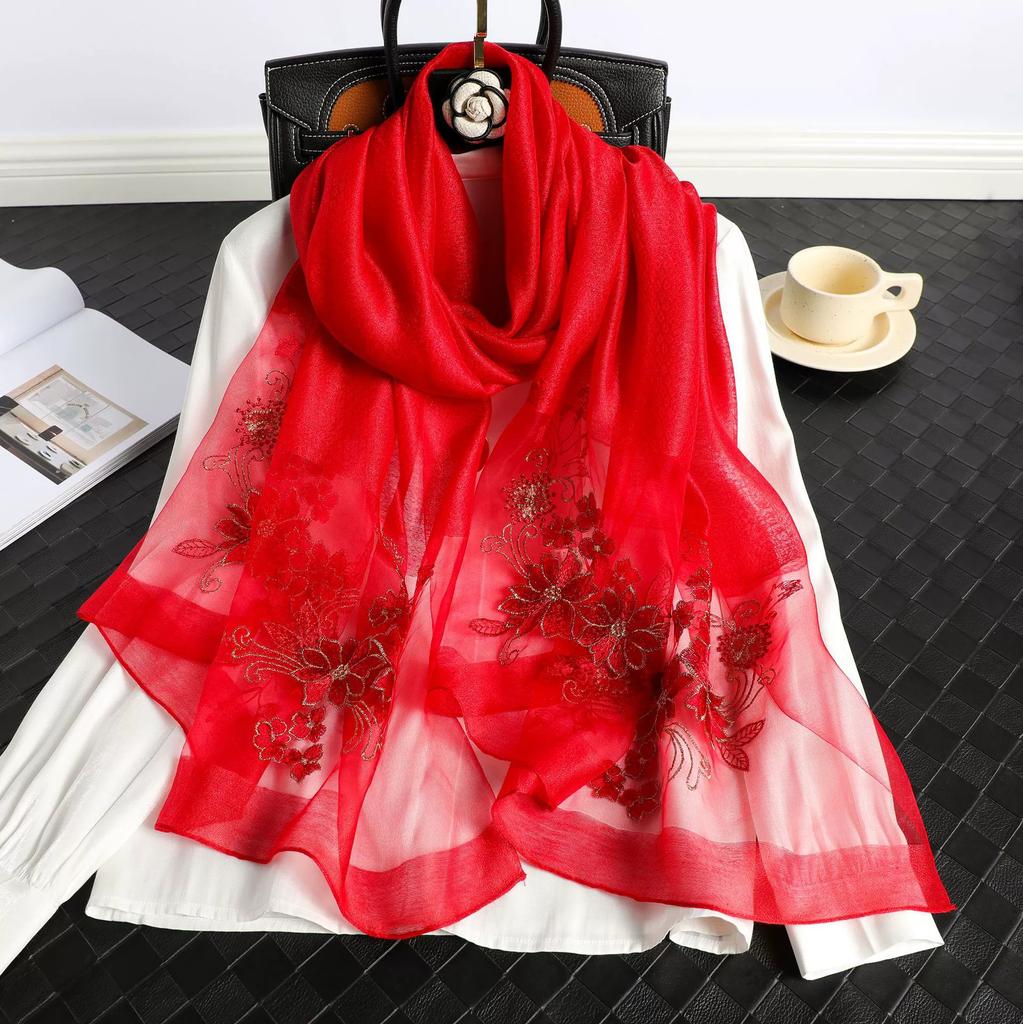 Luxury Women Hijab Shiny Lace Scarf Silk Soft Wool Shawls And Wraps Embroidery Flower Thin Scarves Foulard Female Bufanda New