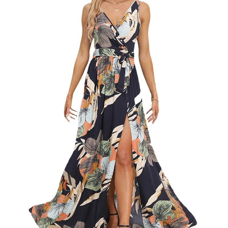 European and American women's clothing summer new, double V-neck sleeveless slit printing long suspender dress women