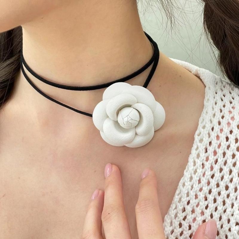 Elegant Sweet Camellia Choker Neckband Flower Collar Necklace Vintage Choker Long Lace Up Necklace Fashion Jewelry