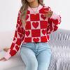 QICED Autumn and Winter Color-blocking Checkered Heart-shaped Lantern Sleeve Pullover Sweater for Valentine's Day Women's Wear