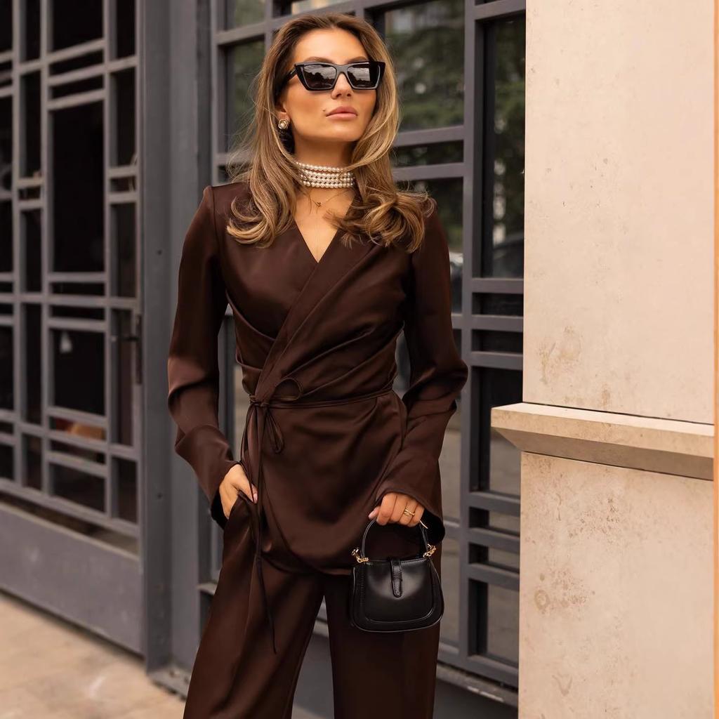 Cross-border European and American Women's Clothing  Fashion Temperament Lace-up Long-sleeved Casual Commuting Simple Wide-leg Pants Set