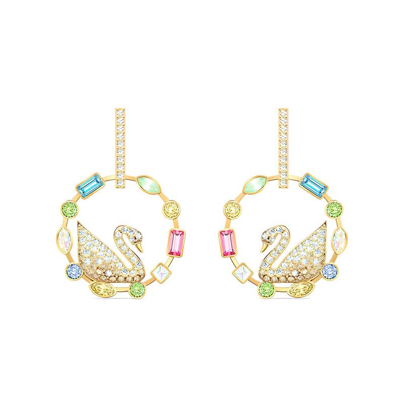 Swarovski Rainbow Swan round pierced earrings for women, light gradient 5549051