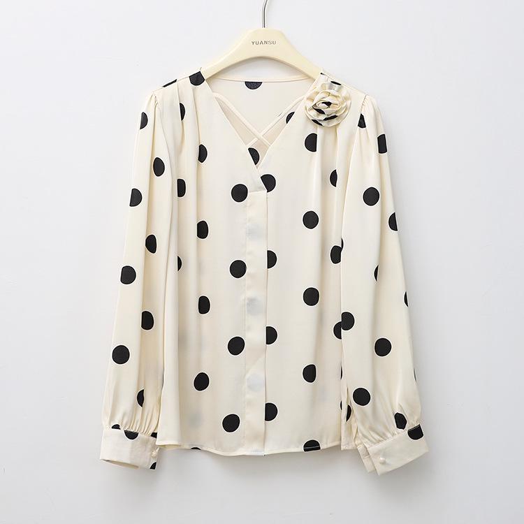 

Women s 2025 Spring/Summer V-neck Polka Dot Satin Top One Size абрикосовий