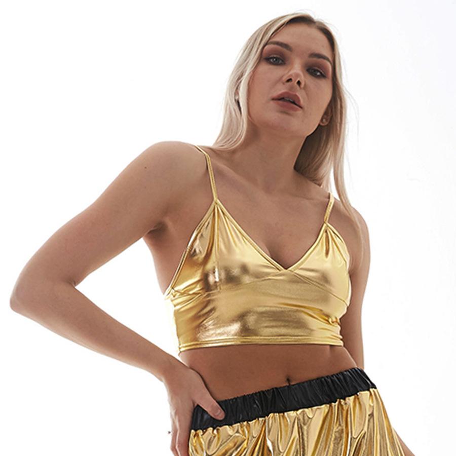Womens Shiny Metallic Bustier Tanks Top Spaghetti Strap Camisole Vest Bra  for Party Club