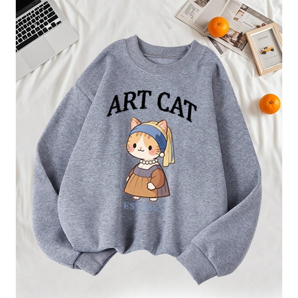 

Девушка с жемчужной сережкой Арт Кот Мультяшный принт Женский свитшот Мягкий Повседневный Пуловер Базовая одежда Уличная одежда 4XL