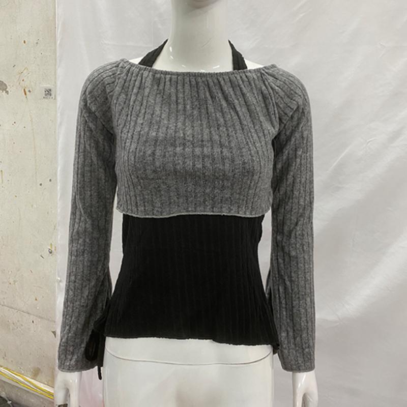 European and American women's long sleeved contrasting color two piece Y2K hanging neck knitted slim fit top