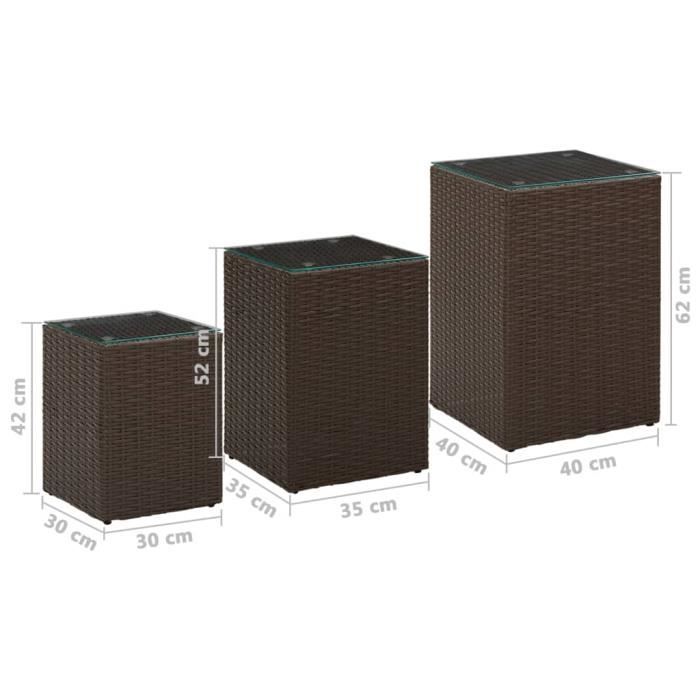 VidaXL Tables d'appoint 3 pcs et dessus en verre Marron Résine tressée