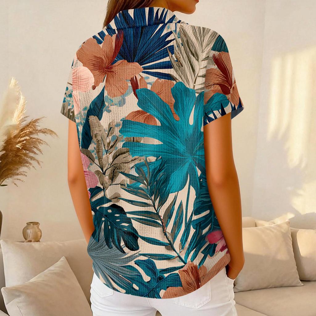 Women Casual Short Sleeve Hawaiian Print Waffle Knit Polo Shirt Lightweight Breathable Summer Top with Button Down Collar