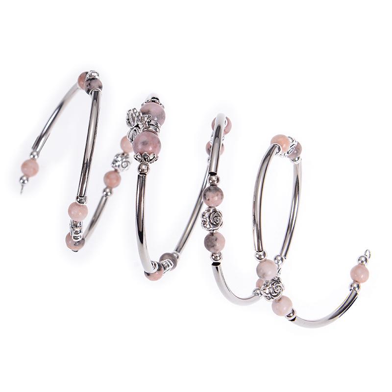 Pink Zebra Stone Multi-Layer Wrap Bracelet with Floral Pendant