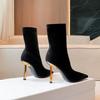 Moda Jesień Zima 2025 Elastyczne Sztuczny Zamsz Damskie Botki Modne Metalowe Złote Cienkie Wysokie Obcasy Smukłe Chelsea Skarpeta Botki Buty Botki