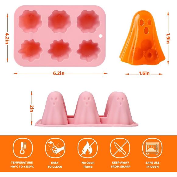 2Pcs Halloween Silicone Molds, 3D Ghost Silicone Mold for Food, Non-Stick Cute Ghost Cake Pop Mold for Jelly Chocolate Candy Gummy Crayon Resin