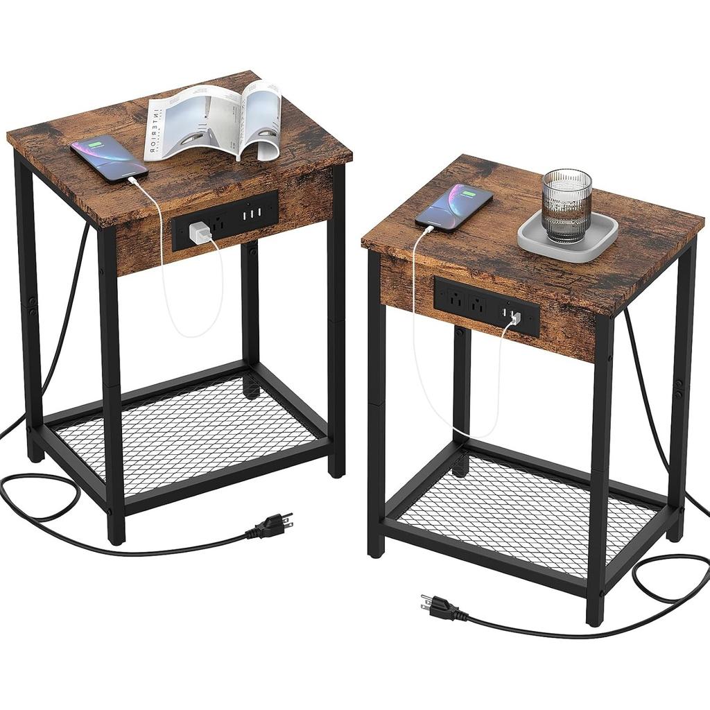 Set of 2 Nightstands w/ Charging Station - Rustic Brown 2-Tier Bedside Tables, Dual USB & AC Outlets + Mesh Storage