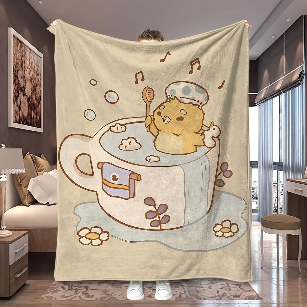 1pc Duckling in Coffee Cup Cute Pastel Print Flannel Blanket, Portable And Comfortable, Suitable for Blankets, Bed Covers, Bedroom, Game Room, And Out