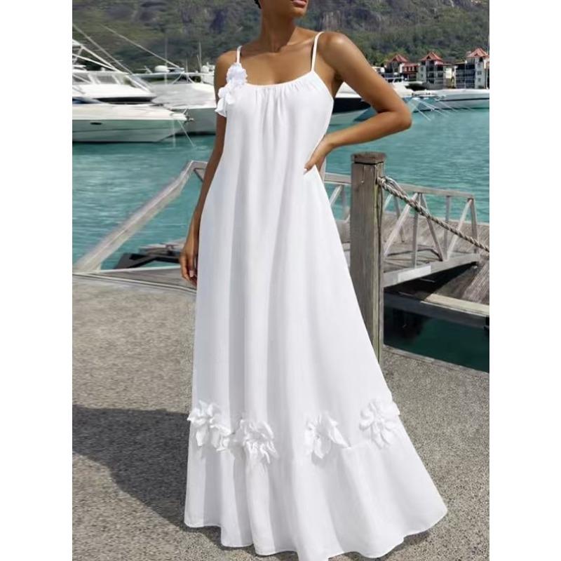 QICED Fashion Summer Spring Solid Color Print Sleeveless U-Neck Casual Dresses
