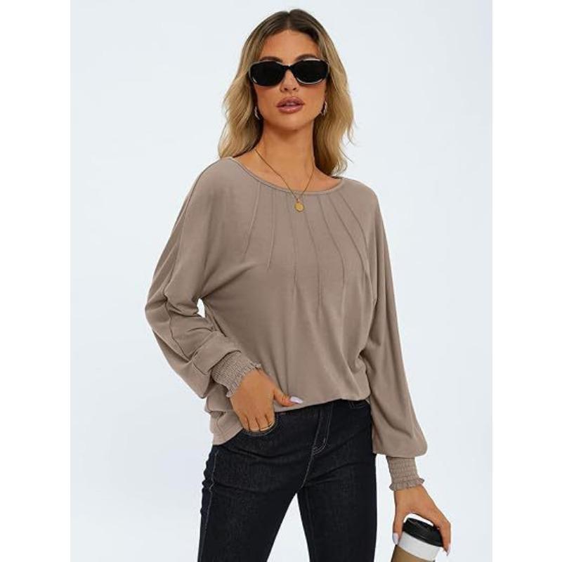Autumn and Winter Women's Blouse Round Neck Pleated Long Sleeve Casual Tops