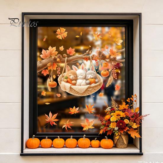 Seasonal Window Films 2Pcs Fall Maple Leaves Animals Static Stickers, Autumn Squirrel/Hedgehog/Rabbit/Raccoon Glass Removable Decor PVC Waterproof