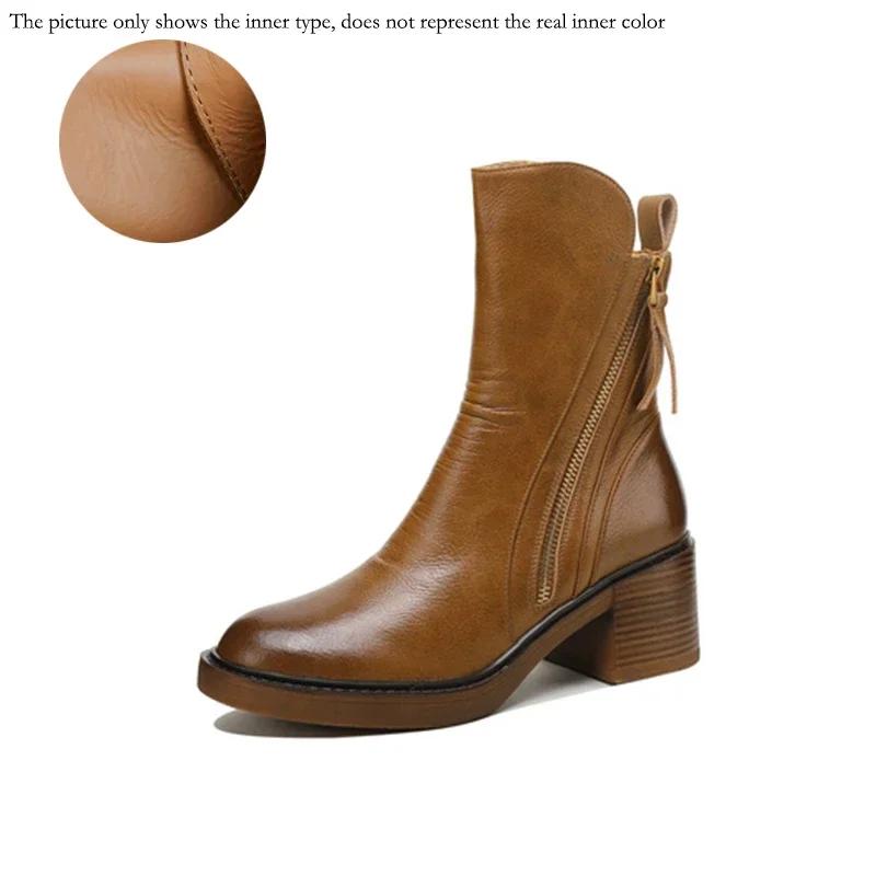 Autumn Winter Women Shoes Leather Short Boots for Women Round Toe Chunky Heel Boots Zipper Ankle Boots Female Platform Heel