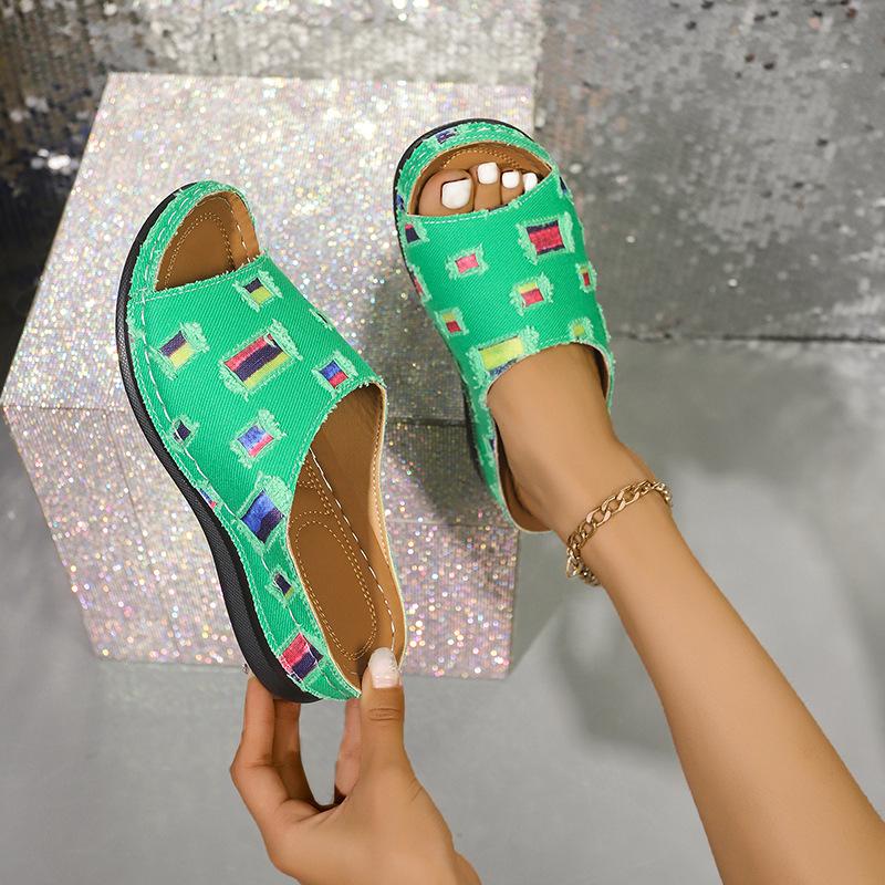 Modische Damen-Keilabsätze in Übergröße, Zehensandalen mit dicker Sohle und Fischmaul für den Sommerstrandurlaub in Europa und Amerika 2025