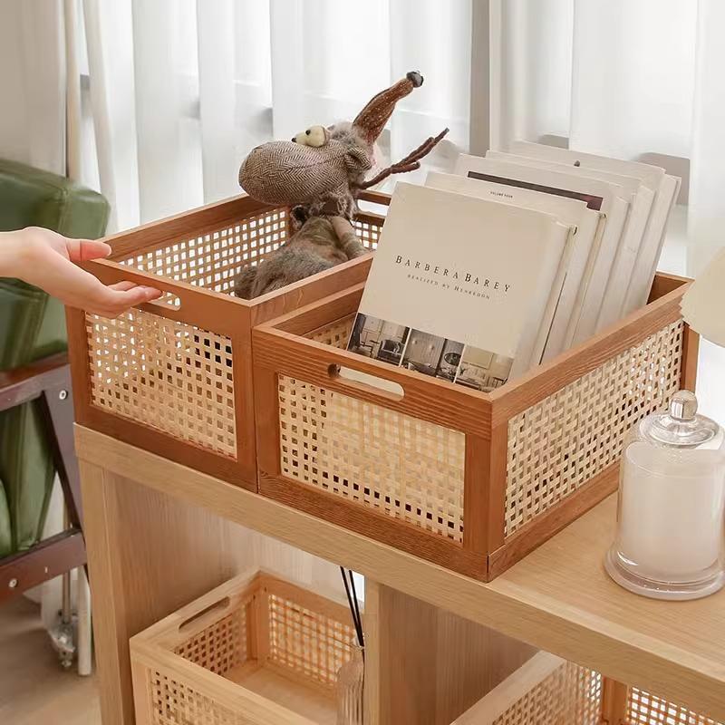 Retro Solid Wood Storage Box Desktop Rattan Basket Book Snacks Fruit Cosmetics Organizer Boxes Home Bathroom Kitchen Basket