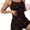Women's Cami Pajama Set Sleeveless Heart Print Tank Top And Ruffle Shorts Sleepwear Set Summer Two Piece Loungewear Suit