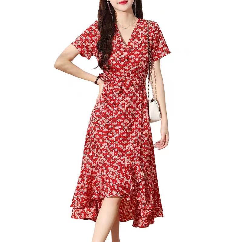 Red Dress New Spring and Summer Women's Clothing Large Size Temperament Korean Version Middle-aged Mother Floral Long Skirt