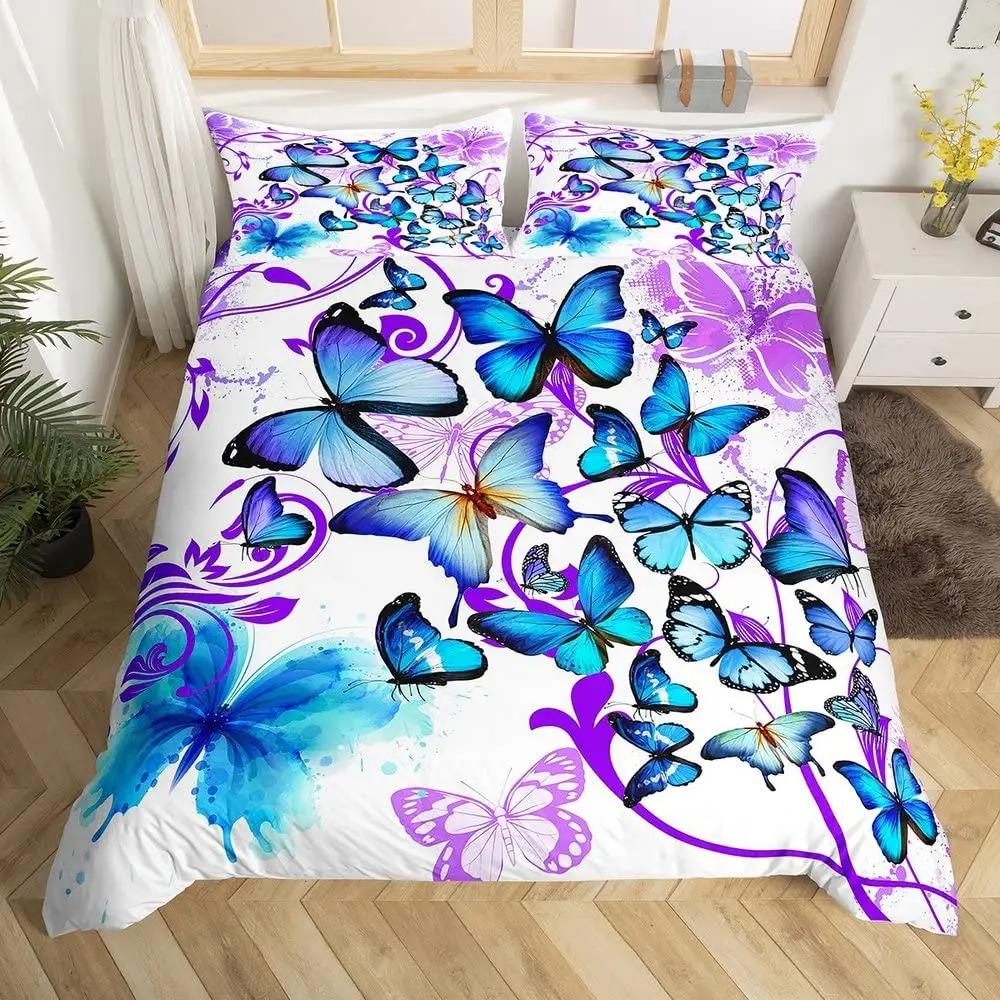 Conjunto de Capa de Edredom Borboleta Roxa Completo Jogos de Cama Borboletas Capa de Edredom Galáxia Para Mulheres,Capa de Colcha Psicodélica Deslumbrante