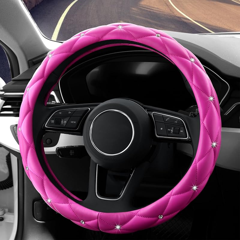 YOGURTCK Diamond Soft Leather Anti-Slip Steering Wheel Cover With Bling Bling Crystal Rhinestones, Universal 15 Inch For Women Girls, Fit Vehicles,