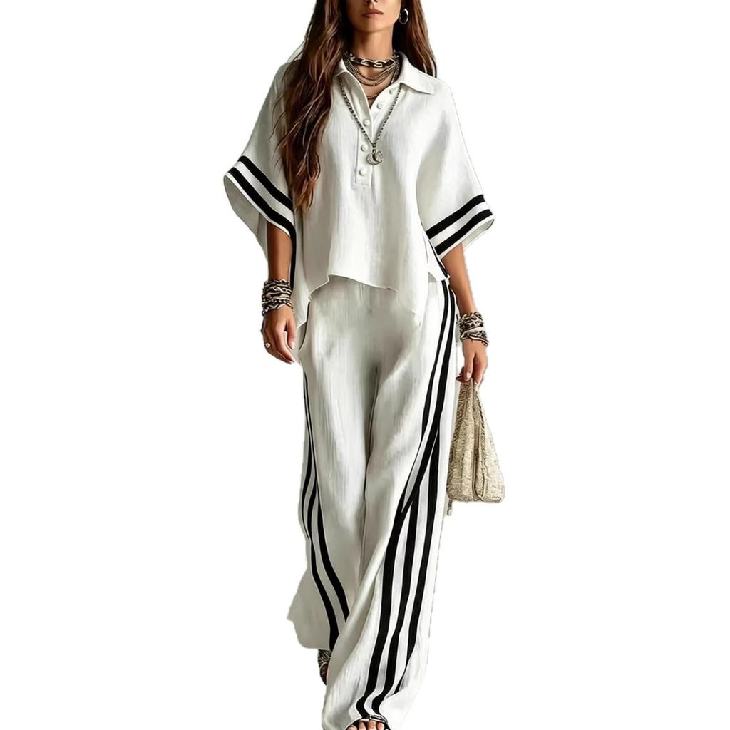 Women's Casual Short Sleeve Button Down Top with Wide Leg Pants Lounge Set